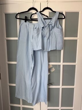 French Connection Pale Blue Linen Wide-Leg Pants with Tie-Back Crop Top